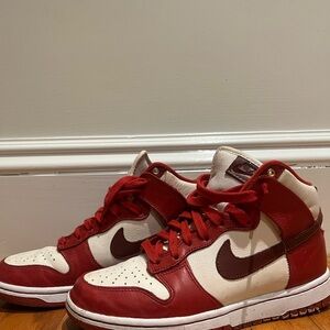 Vintage Red and White Nike Dunks High-Top Sneakers
